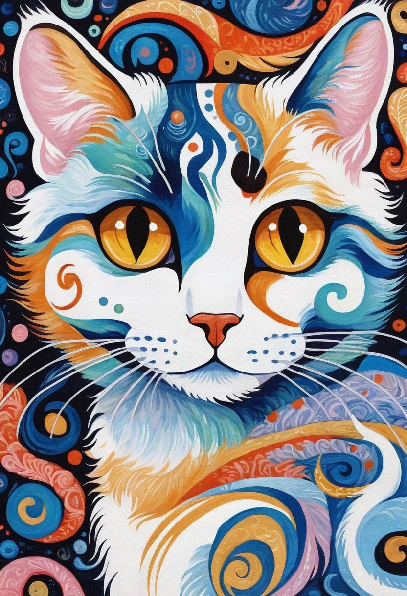 The two eyes are different colors，painting of a Cat with a swirly tail, Cat. Cat非常非常漂亮的毛茸茸的艺术