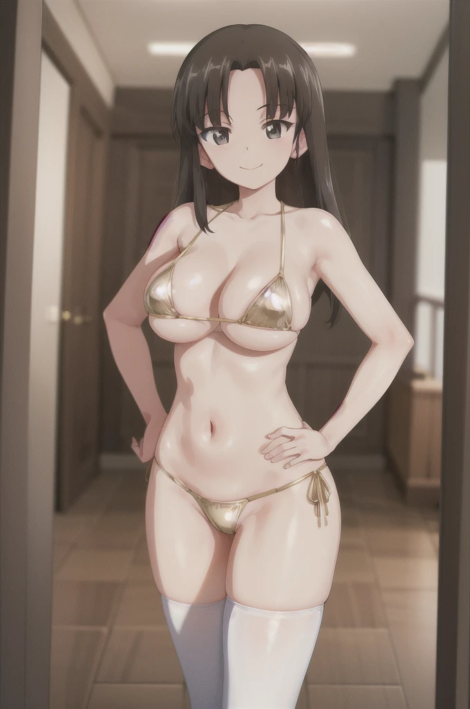 masterpiece, best quality, 1girl, solo, girls und panzer, nishi kinuyo,asymmetrical bangs,large breasts,(gold bikini:1.2,micro bikini:1.2), looking at viewer, indoors, smug, standing, hands on hips, upper body, white stockings, white thighhighs
