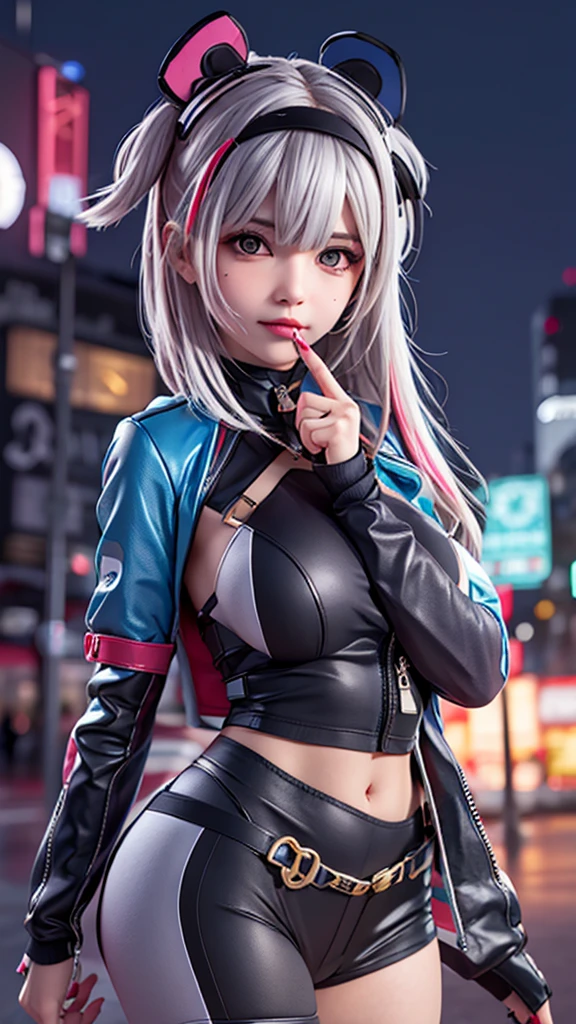 Portraiture, 1 Girl, Beautiful Face, Asymmetrical Hair, Multi-coloured hair, belt, Bodysuits, Covered my mouth, Covered navel, Removable sleeves, Grey Eyes, Hip vents, Open jacket, cute, View the viewer, City of night, neon, Rainy,