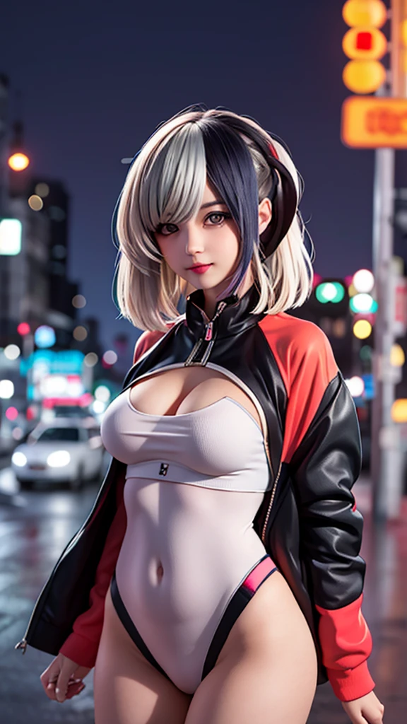 Portraiture, 1 Girl, Beautiful Face, Asymmetrical Hair, Multi-coloured hair, belt, Bodysuits, Covered my mouth, Covered navel, Removable sleeves, Grey Eyes, Hip vents, Open jacket, cute, View the viewer, City of night, neon, Rainy,