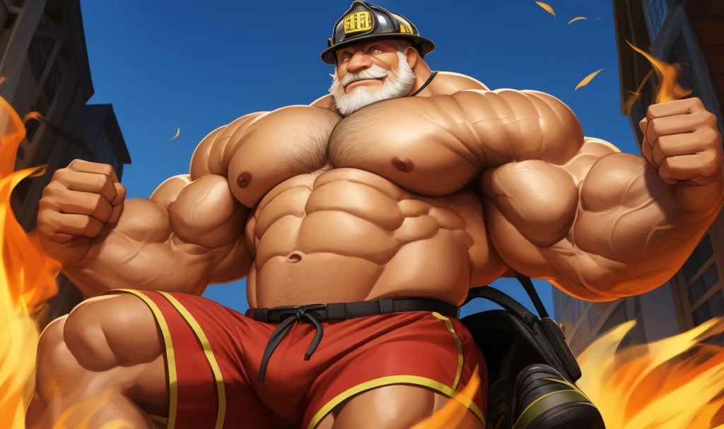 solo, 1boy, perfect anatomy, ground view, wrinkles skin, low shoot, down view, perfect proportion, thick body, thick thighs, firefighter, firefighter helmet, sharp eyes, big eyes, smile, perfect fingers, big hand, fingers. Huge Muscular Old man with short hair, shoes ,(red shorts), view from side, pectoral, thick arms, huge pectoral, wide pectoral, white hair, white beards, fire background, VFX fire, masterpiece, semirealistic:1.2, high detailed, 8k, high resolution, perfect center, full view. ((really big muscle, massive muscular, sixpack, thick arms, wide pectoral, super huge muscle, hyper muscular, over sized muscle, huge arms, big arms, huge pectoral))