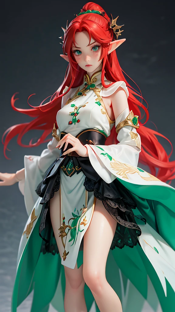 "red crimson hair" elf ears, freckles, adult woman, sculptural body, super detailed hand, super detailed face, hyper detailed body, No defects, (emerald green eyes), focused eyes, pretty detailed eyes, pale skin, blushed face, (( wearing a black Chinese dress)), long hair, tied up hair, serious expression, frowning eyes, partes do fully body, entire limbs, (fully body), gorgeous fur, high resolution, 4K, Waist slender, small foot, role model, best qualityer,