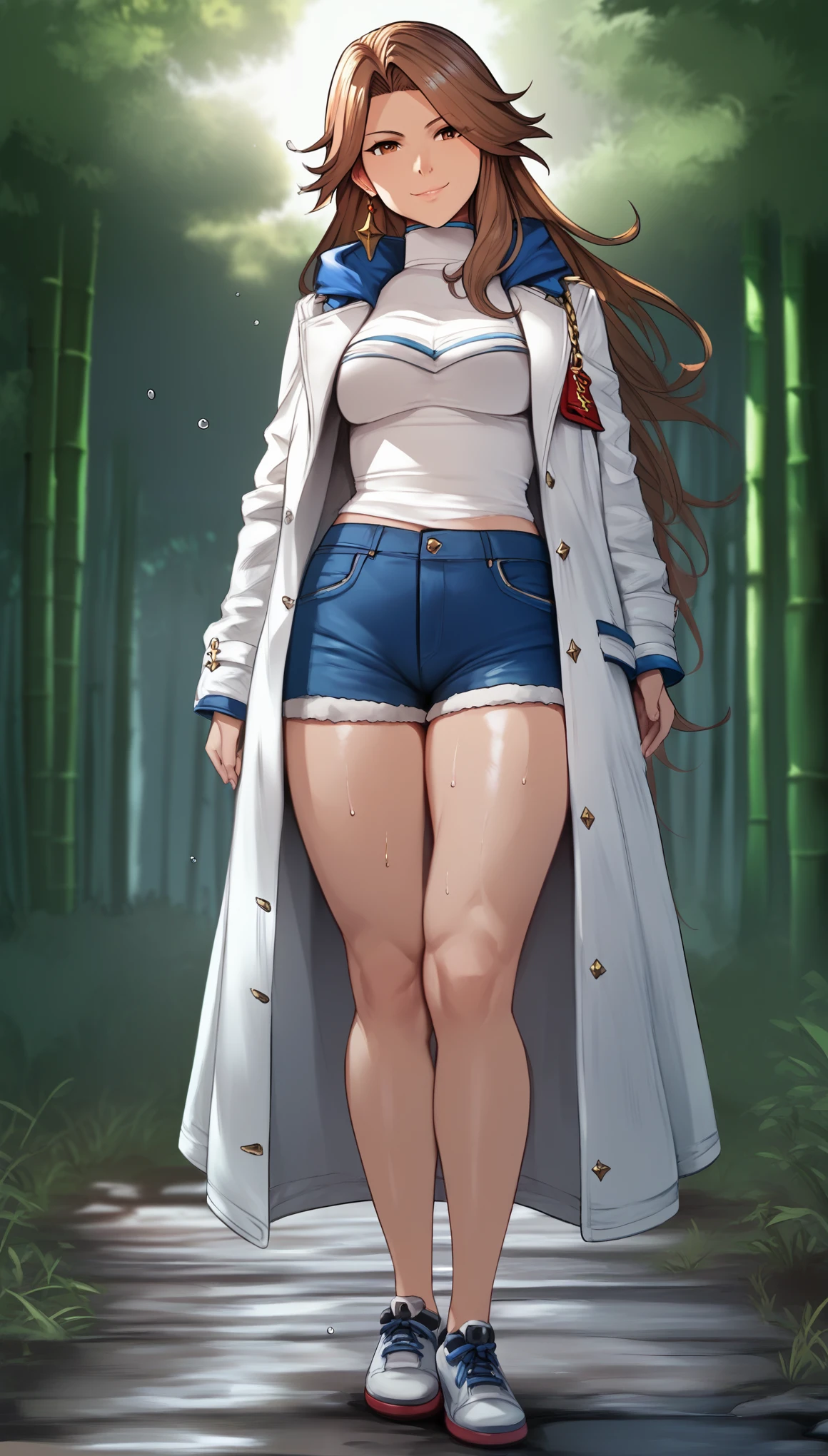 core_9, score_8_up, score_7_up, score_6_up, uncensored, katalina \(granblue fantasy\), long hair, parted bangs, brown hair, brown eyes, sweating, BREAK (masterpiece:1.2), best quality, high resolution, (detailed eyes:1.3), perfect lighting, (perfect hands, perfect anatomy), 1girl, solo, pantyhose, standing, coat, full_body, looking_at_viewer, black_legwear, smile, casual, shoes, turtleneck, simple_background, jacket, tree, bamboo, forest, smoke, water drop, spotlight, bokeh, bootyshorts, sneakers,
