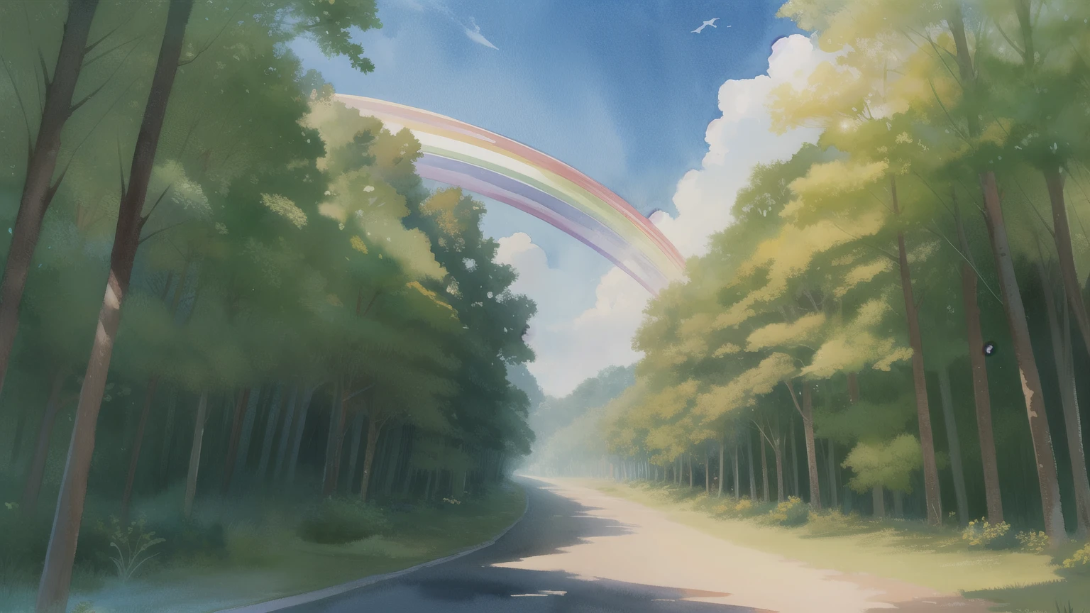 (highest quality), background only, clear sky, landscape/nature, forest/jungle, gradient background, A road leading to the depths, (rainbow background), watercolor, (masterpiece)