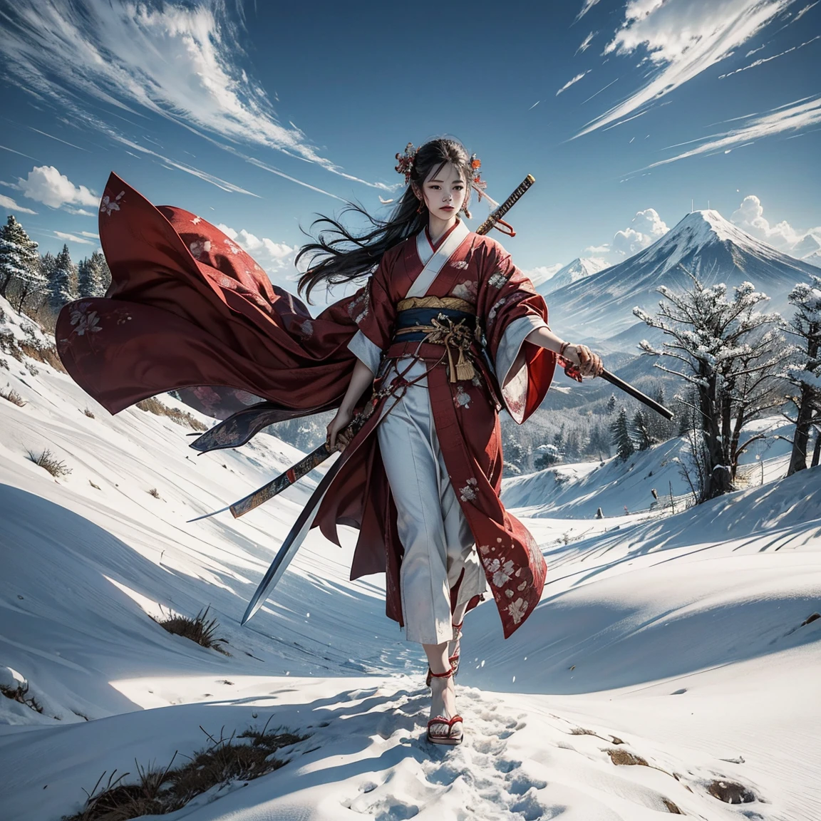 (swordsman woman、Hold the Sword、Food-for-I、Japanese Katana Sword)(masterpiece 1.4, Best Quality 1.4),1 girl in, skin detailed、Detailed and beautiful face 1.4、弓, long hair, A brunette , hair flying in the wind、white and red kimono、 Bloodstained kimono、sandals、offcial art, good composition, official pose, detailed portrayal,clouds and mountains background, Samurai, high resolution, Dramatic lighting and shadows, snowscape、In the wooded forest, Lines of characters and scenes without colors and shadows, sketchfab