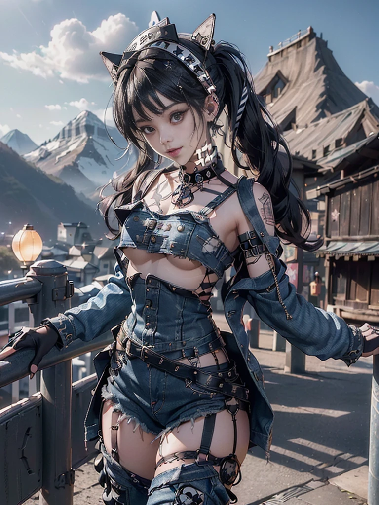 (Full Body View:1.3)、(Beautiful lips and nose:1.4)、(Long eyelashes:1.4)、(Side view:1.1)、(Smiling with teeth showing:1.3),(Shibuya Gal:1.5)、(Gothic ta delicately decorated dress:1.5)、(Tattered denim and black punk rock cargo pants:1.5)、(Denim and black navy skull mark small jacket:1.4)、(denim garter belt:1.5)、(Black and denim knee socks:1.3)、(Skull Silver Accessories:1.5)、(Denim collar:1.3)、(Brown Skin Belt:1.4)、(Brown boots:1.2)、(The underwear is striped:1.4)、31 years old、((Highest quality、In 8K、masterpiece:1.3))、Sharp focus:1.2、(Layered Cut、Huge boobs:1.1),Beautiful woman with perfect figure:1.4、(Dancing vigorously:1.3)、Slender Abs:1.2、Highly detailed face and skin texture、Detailed eyes、double eyelid,(Twin tails:1.3)、(Black brown hair:1.3)、Gravure idol、(The background is a vast mountain with a clear view々Beautiful luxury resort destination in Europe:1.3)、(Slim body:1.2),(Make your legs thinner:1.4),(clavicle:1.1)