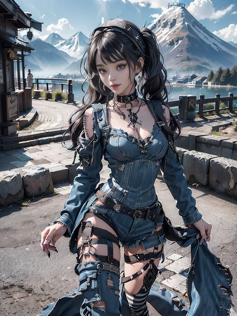 (Full Body View:1.3)、(Beautiful lips and nose:1.4)、(Long eyelashes:1.4)、(Side view:1.1)、(Smiling with teeth showing:1.3),(Shibuya Gal:1.5)、(Gothic Lolita delicately decorated dress:1.5)、(Tattered denim and black punk rock cargo pants:1.5)、(Denim and black navy skull mark small jacket:1.4)、(denim garter belt:1.5)、(Black and denim knee socks:1.3)、(Skull Silver Accessories:1.5)、(Denim collar:1.3)、(Brown Skin Belt:1.4)、(Brown boots:1.2)、(The underwear is striped:1.4)、31 years old、((Highest quality、In 8K、masterpiece:1.3))、Sharp focus:1.2、(Layered Cut、Huge boobs:1.1),Beautiful woman with perfect figure:1.4、(Dancing vigorously:1.3)、Slender Abs:1.2、Highly detailed face and skin texture、Detailed eyes、double eyelid,(Twin tails:1.3)、(Black brown hair:1.3)、Gravure idol、(The background is a vast mountain with a clear view々Beautiful luxury resort destination in Europe:1.3)、(Slim body:1.2),(Make your legs thinner:1.4),(clavicle:1.1)