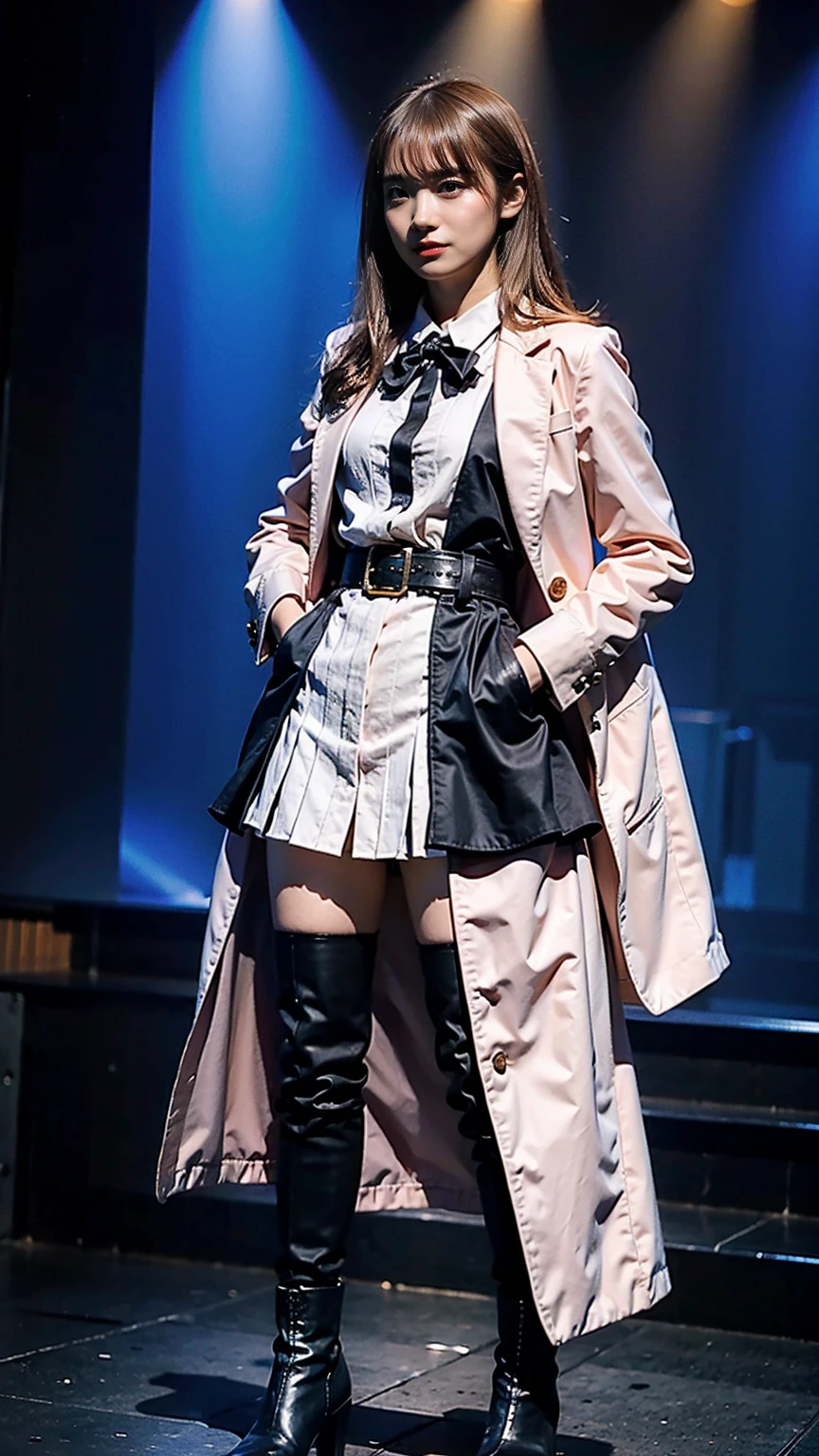 (8K、RAW Photos、Highest quality、masterpiece:1.2)、(Realistic、Realistic)、1 Girl、((Pink Coat、Black Mini Skirt、smile、Frills、one piece、whole body、See-through、boots、chest emphasis、whole body、View from the front、Looking into the camera、Blonde、belt、Stand with hands on hips))、