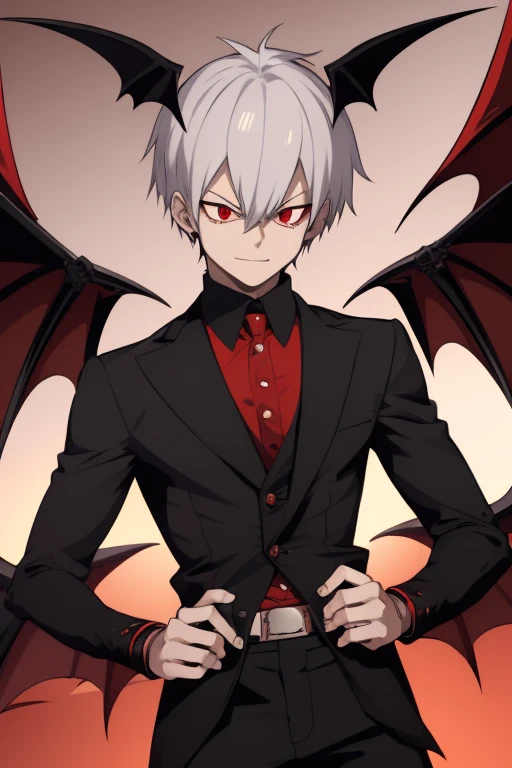 Shoto Todoroki from My Hero Academia, Vampire, incubus, red eyes and white hair, bat wings, black clothes, black steampunk pants, red shirt, black vest, pale skin. Looking straight at the viewer