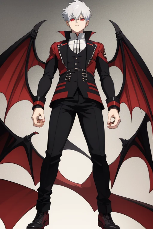 Shoto Todoroki from My Hero Academia, Vampire, incubus, red eyes and white hair, bat wings, black clothes, black steampunk pants, red shirt, black vest, pale skin. Looking straight at the viewer