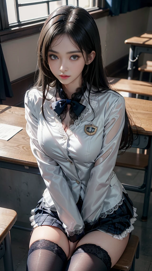 (( A female student sitting at a desk with her legs spread in a classroom)),Attractive eyes,Heartwarming action,Please turn away from the camera,Bent over,bend over,Turn back,Look up your head,Thick and long black hair,Highly detailed body,Highly detailed face,Highest quality、(P iNK Underwear),(high school girl),((White blazer、Chest emblem))、((Translucent blouse)),,((Navy Check Flared Skirt)),(Black Stockings)、((White lace panties are visible))