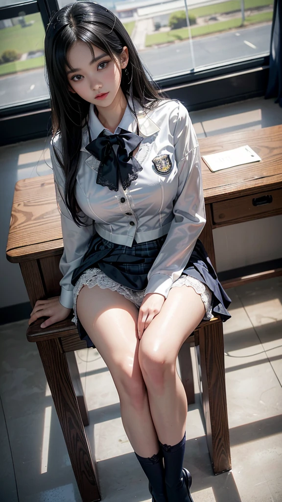 (( A female student sitting at a desk with her legs spread in a classroom)),Attractive eyes,Heartwarming action,Please turn away from the camera,Bent over,bend over,Turn back,Look up your head,Thick and long black hair,Highly detailed body,Highly detailed face,Highest quality、(P iNK Underwear),(high school girl),((White blazer、Chest emblem))、((Translucent blouse)),,((Navy Check Flared Skirt)),(Black Stockings)、((White lace panties are visible))