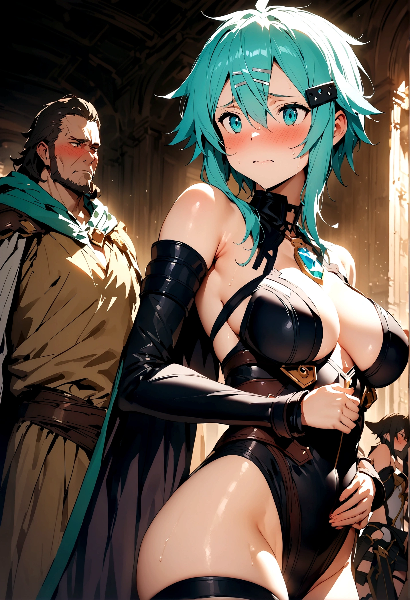 NSFW,masterpiece,Highest quality,High resolution,Super detailed,Sinon\(Sword Art Online\),Bare shoulders,Removable sleeves,Hand guard,leotard,Cape,mini skirt,gem, hair ornaments, Hair Clip,Embarrassed,expectant face,(Lust),(Estrus),blush,Fantasy,Adventurer&#39;s Guild,reception,indoor,(Tough-faced man),(Put your hands on my waist and hold me close),From the side