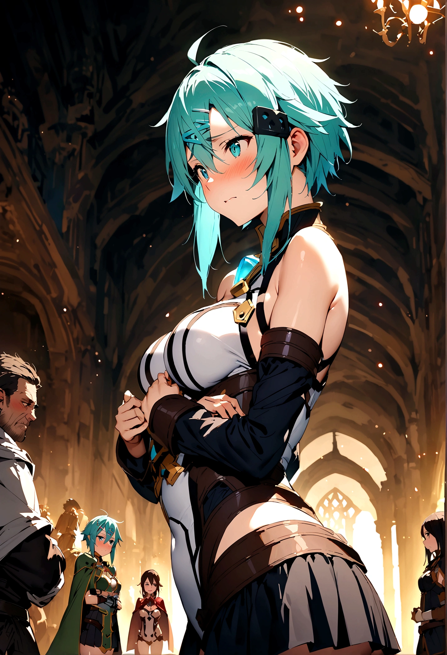 NSFW,masterpiece,Highest quality,High resolution,Super detailed,Sinon\(Sword Art Online\),Bare shoulders,Removable sleeves,Hand guard,leotard,Cape,mini skirt,gem, hair ornaments, Hair Clip,Embarrassed,expectant face,(Lust),(Estrus),blush,Fantasy,Adventurer's Guild,reception,indoor,(Tough-faced man),(Put your hands on my waist and hold me close),From the side
