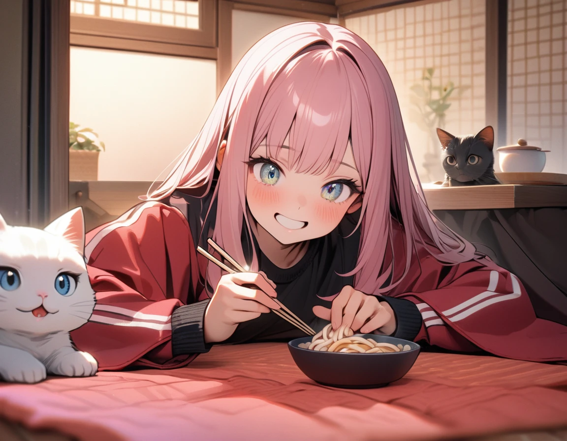(8K, best quality, master piece: 1.2), super high resolution,1 cute girl,,solo,ultra-detailed face,detailed eyes,detailed eyes,mascara,happy,Lily Pink hair,Straight hair,Long hair,Tracksuits,Quilt-made outerwear over a tracksuit,seiza at a table,perfect hands, perfect fingers,holding chopsticks,eating udon in a bowl,(kotatsu:1.1),indoors,table,(under kotatsu:1.2),kitten