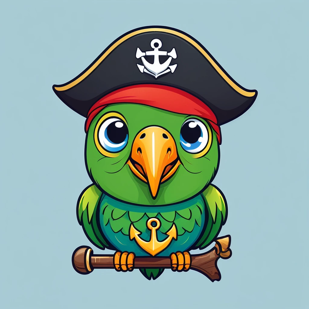 Emoji of a smiling face with a pirate hat and an eyepatch, a small parrot on the shoulder, and a tiny anchor symbol appearing next to it, cheerful and playful expression, simple and colorful design.