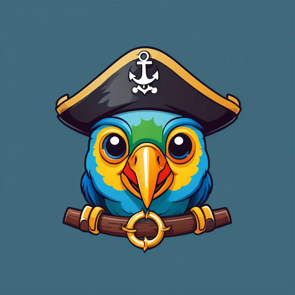 Emoji of a smiling face with a pirate hat and an eyepatch, a small parrot on the shoulder, and a tiny anchor symbol appearing next to it, cheerful and playful expression, simple and colorful design.