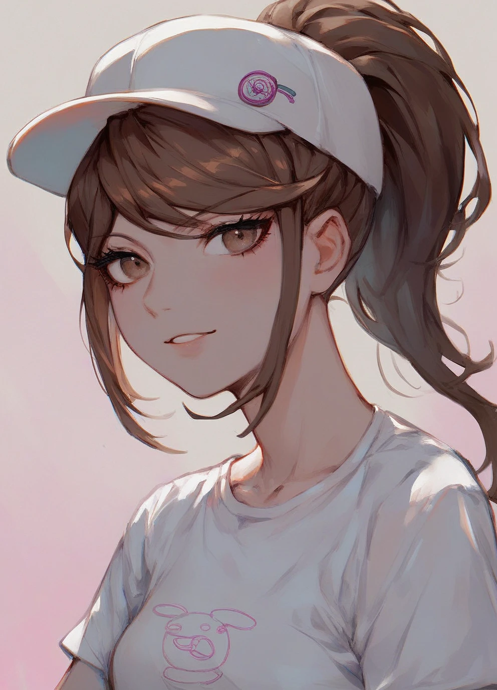 young woman, Brown hair (ponytail), purple t-shirt, white cap, Brown eyes, danganronpa