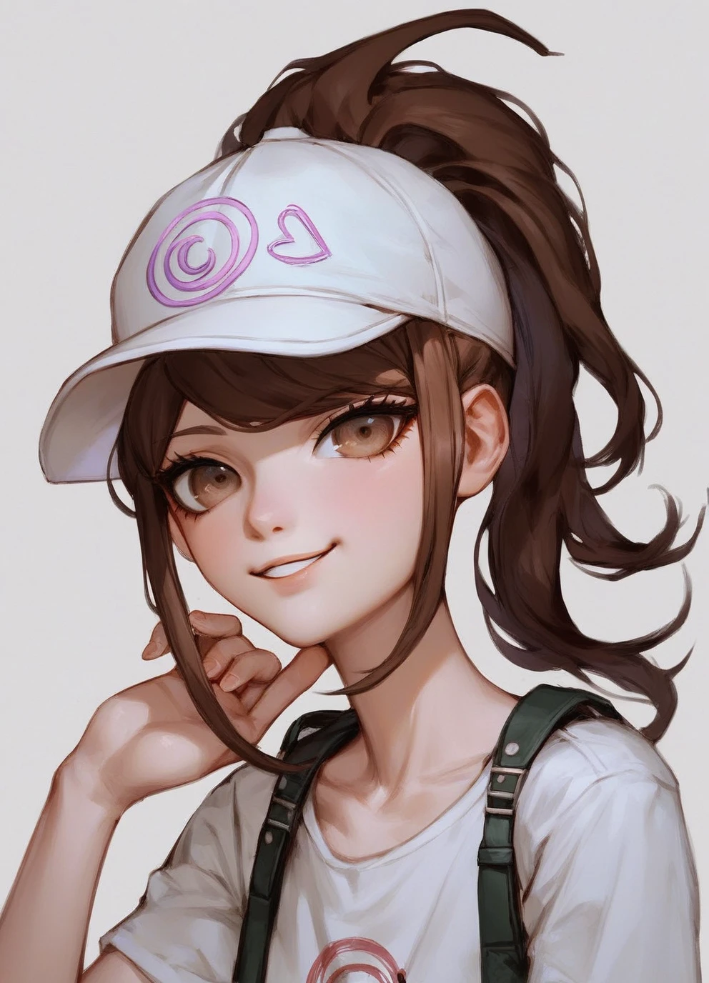 young woman, Brown hair (ponytail), purple t-shirt, white cap, Brown eyes, danganronpa