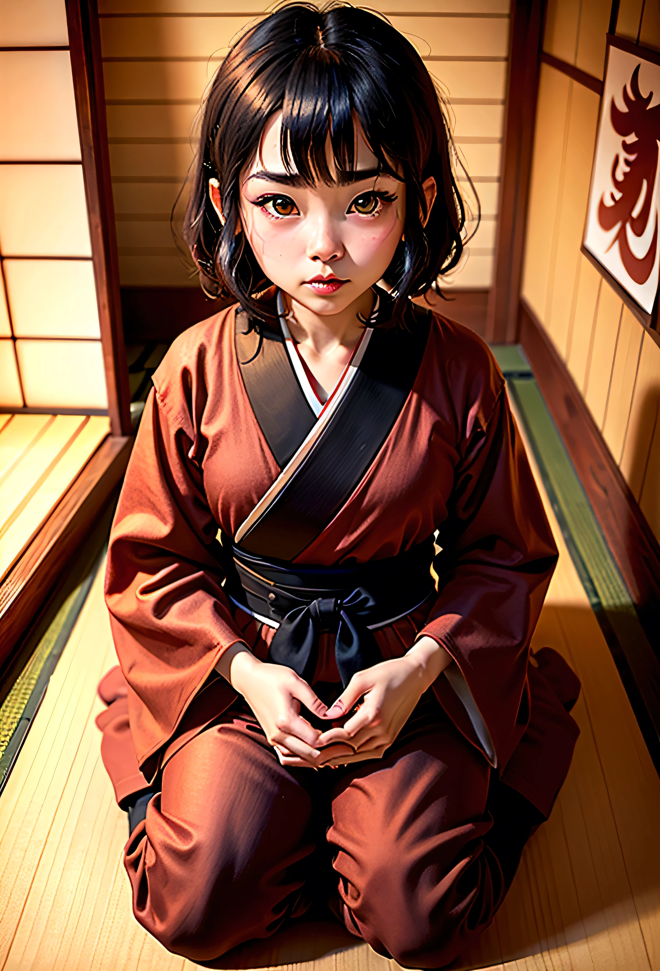 Sit in a traditional Japanese room、A young-looking zashiki warashi、wearing a kimono、Hair is black、A slightly innocent look、Tatami and Shoji Screens、Face close-up、Bob、Big eyes
