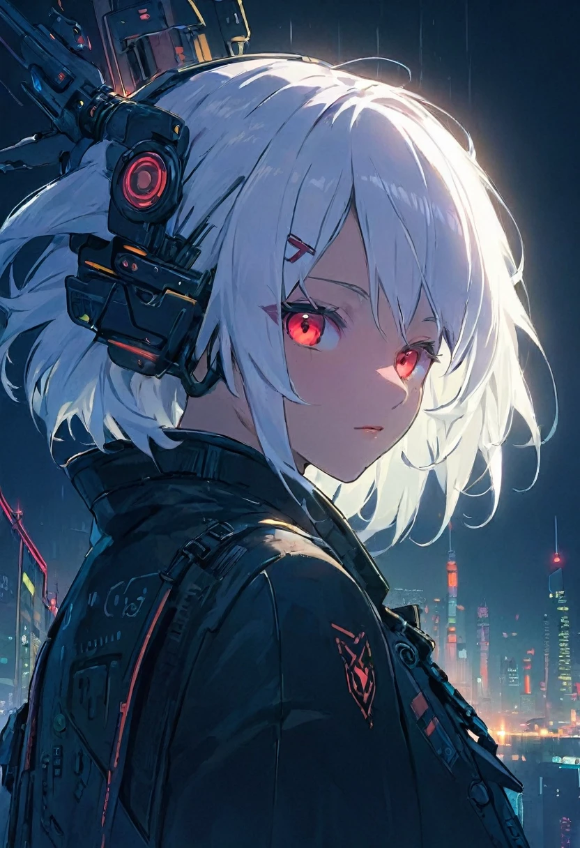 masterpiece , night , beauty , white hair , red eyes , cyberpunk , soft light , cyberpunk girl