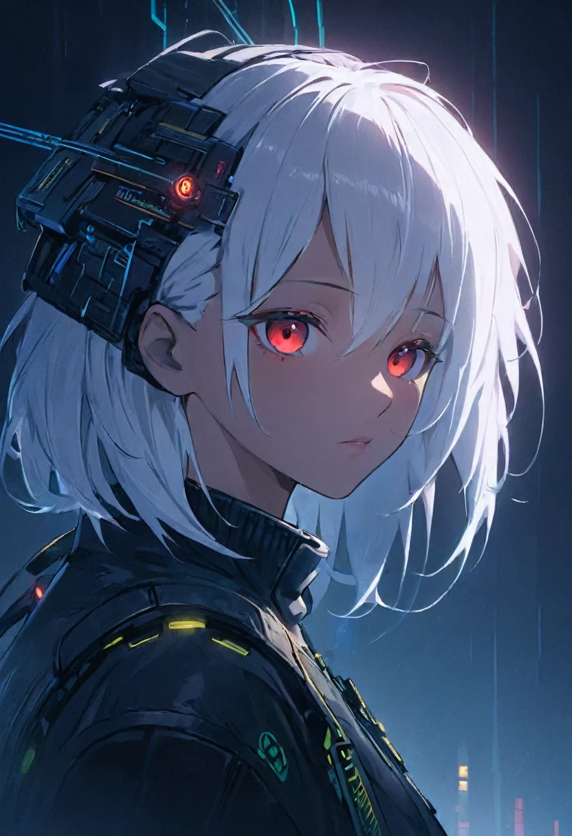 masterpiece , night , beauty , white hair , red eyes , cyberpunk , soft light , cyberpunk girl