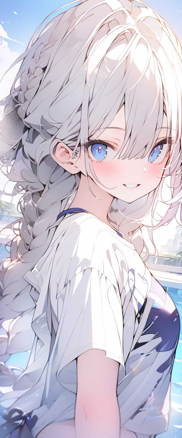 beautiful, masterpiece, Highest quality, anime, One girl,Portrait Shot, View your viewers, Covered、Long Hair、nearby、Blue Eyes、art、White hair,black streaked hair、Thighs、Braid、white_T-Shirts、Light purple bikini、Pool、Bright、smile