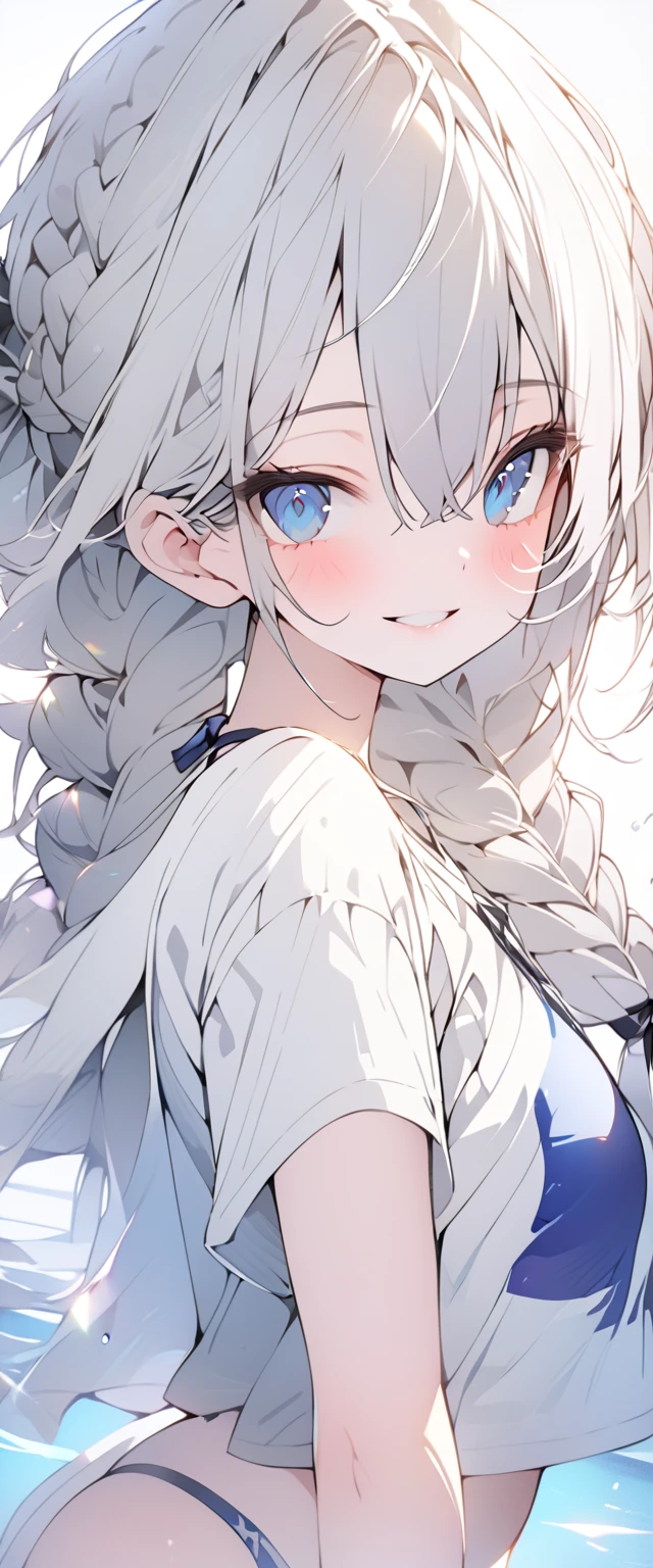 beautiful, masterpiece, Highest quality, anime, One girl,Portrait Shot, View your viewers, Covered、Long Hair、nearby、Blue Eyes、art、White hair,black streaked hair、Thighs、Braid、white_T-Shirts、Light purple bikini、Pool、Bright、smile