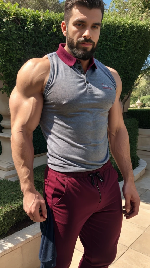 Handsome frances muscular man beard, strong and muscular legs, big lump, artwork,, super sexy in casual pants and burgundy polo shirt with blackstripes 8k ultra realistic masterpiece great detail next to a font super muscular , sexy , en el egante jardín de palacio, 40 años de edad , de perfil , con los brazos arriba