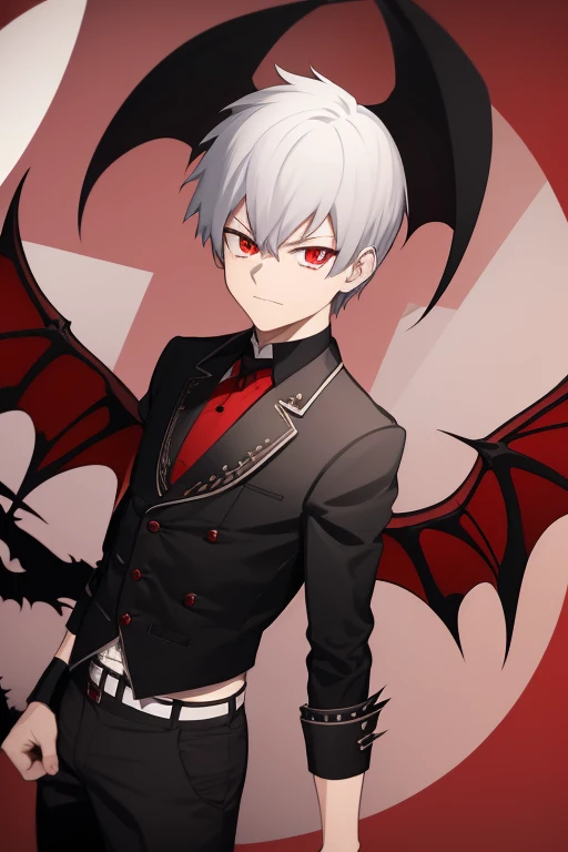 Shoto Todoroki from My Hero Academia, Vampire, incubus, red eyes and white hair, bat wings, black clothes, black steampunk pants, red shirt, black vest, pale skin. Looking straight at the viewer