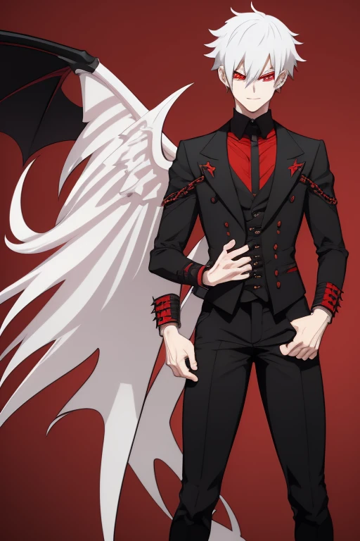 Shoto Todoroki from My Hero Academia, Vampire, incubus, red eyes and white hair, bat wings, black clothes, black steampunk pants, red shirt, black vest, pale skin. Looking straight at the viewer
