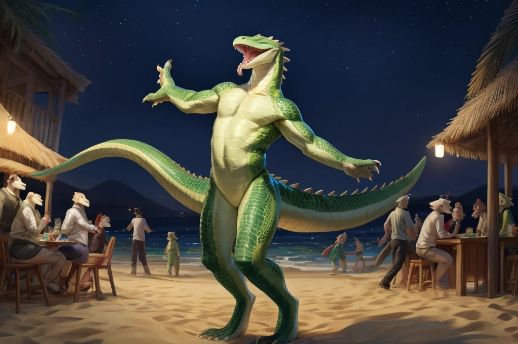 Lizards party, scalies, beach, by bebebebebe, open mouth, tongue, light green body, look at the viewer, large legs, night, dancing, eyes closed