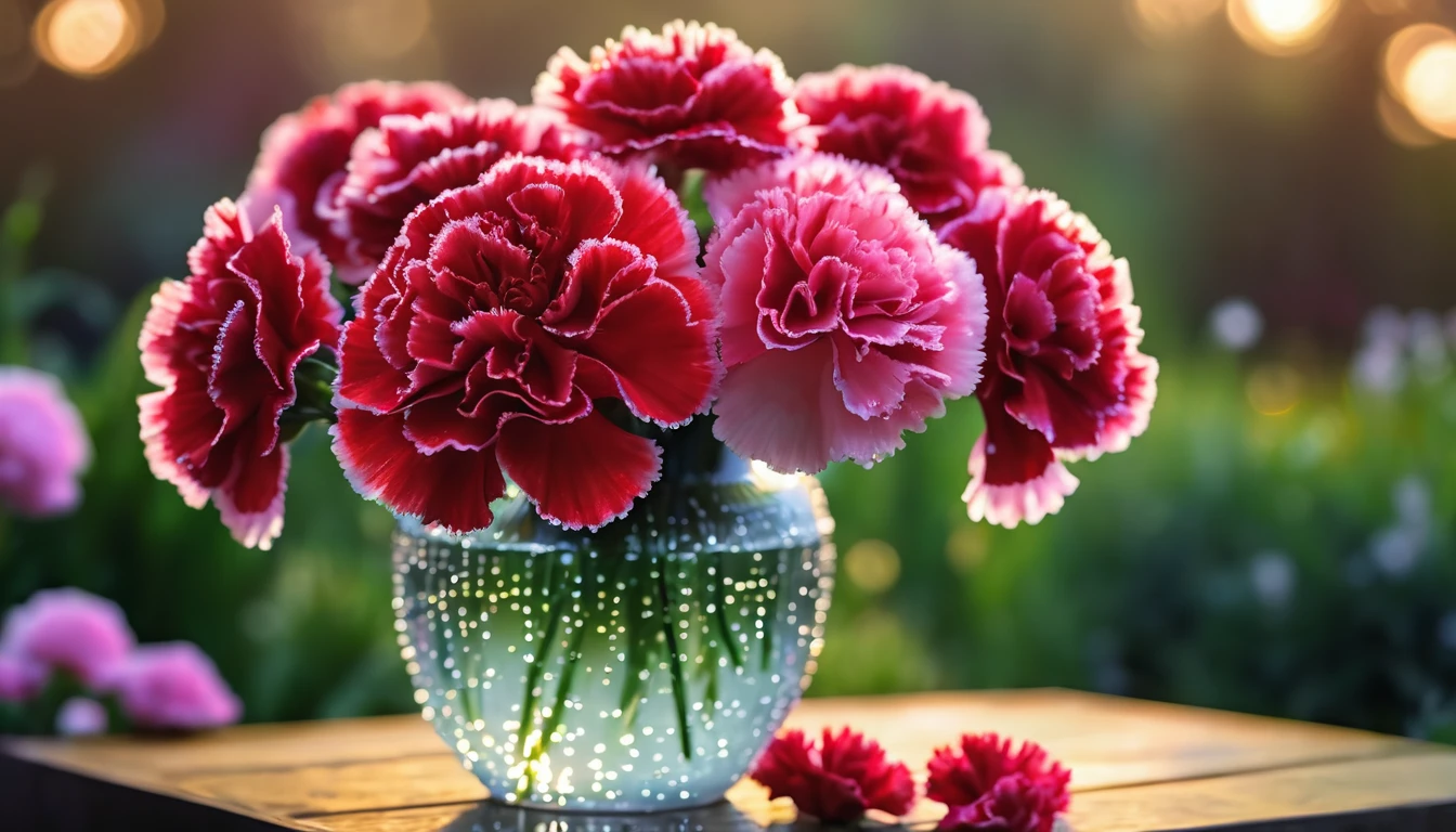 luxurious carnations in the vase, dew, bokeh ,garden in the background, cinematic light, realistic photo, 8k