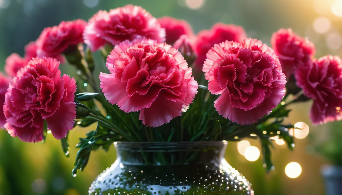 luxurious carnations in the vase, dew, bokeh ,garden in the background, cinematic light, realistic photo, 8k
