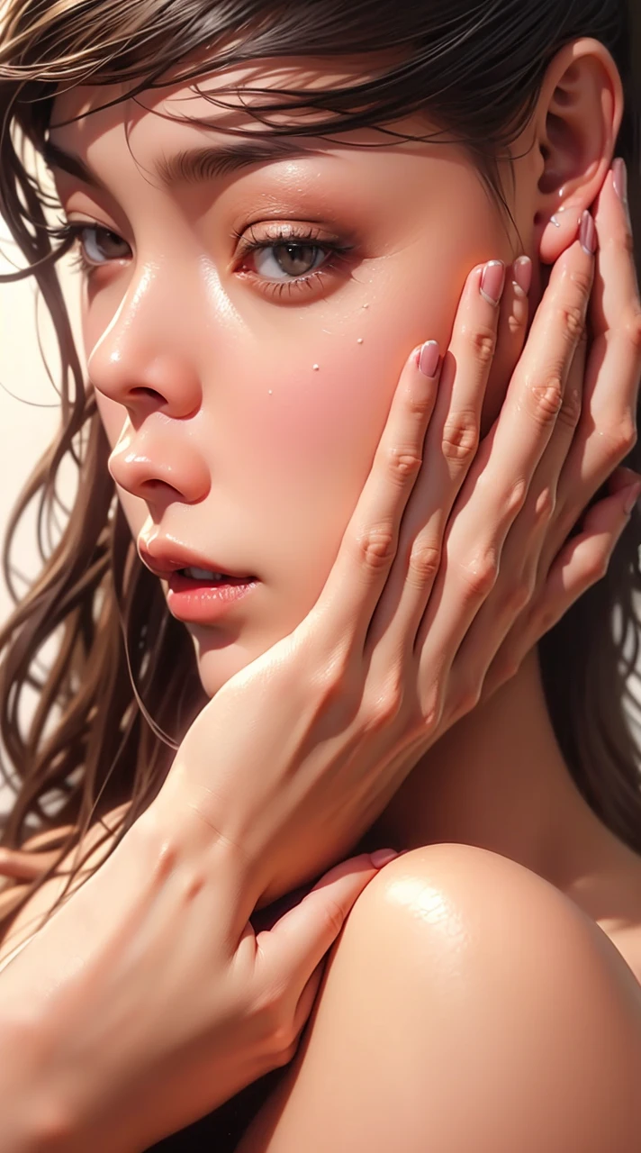 disorganized, RAW photo, very delicate and beautiful, masterpiece, highest quality, ultra high resolution, 16k, surreal, super detailed, perfect anatomy, super dense skin, perfect figure, Highly detailed CG 8k wallpaper, 20's, very slim body, tight waist, very small head, very small face, delicate facial features, tearful mole, earrings, thin legs, (very huge round breasts:1.2), (full body shot:1.3), (1 girl:1.2), short hair, (wavy hair:1.1), (sheer collar shirt:1.2), leather skirt,