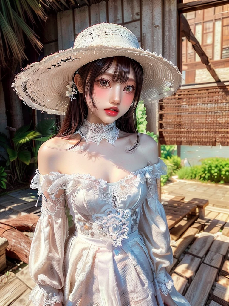 ((Highest quality)),(超A high resolution),(Very detailed),(Detailed Description),((The best CG)),(masterpiece),Very detailedなアート、Small breasts、(((Whitening 1.5)))、Clear skin quality、White lace dress、Off the shoulder、Small straw hat、Sandy Beach、Ocean、