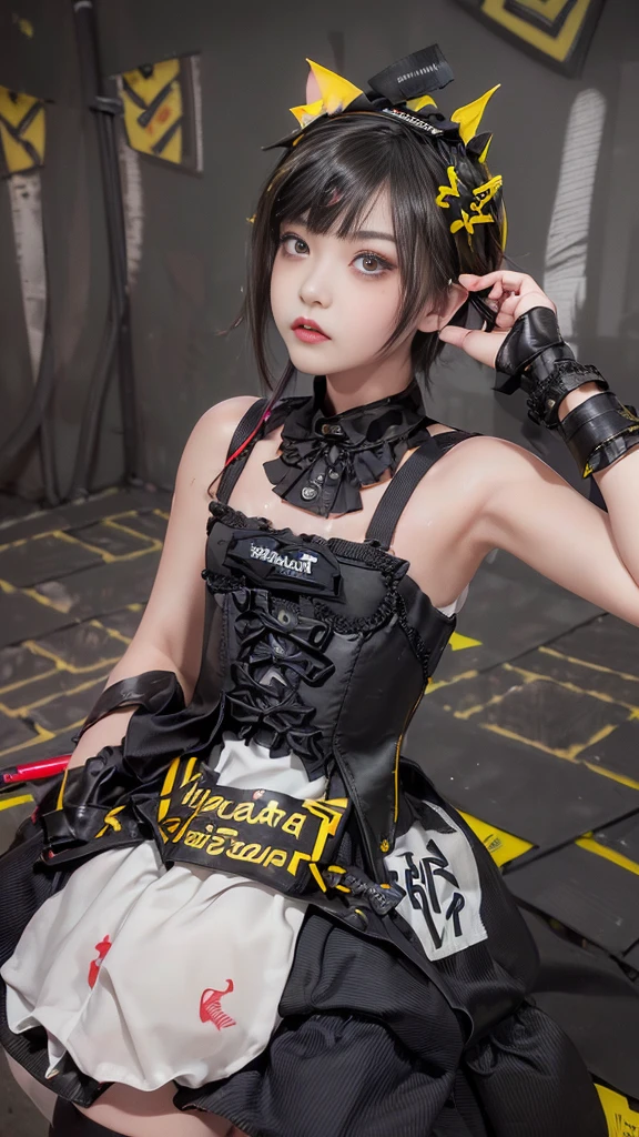 raw photo, 8k, (top-quality), Realistic, (real picture, Intricate details), (natural skin texture, detailed skin, hyper realism, sharpness), (Japanese age girl standing in a dirty back alley at night, hands on head, graffitied wall:1.3), ((maid costume with black and white, loliashion, gothic fashion), (((flat chast:1.5))), (slender body, pale skin:1.2), ((shorthair, blunt bangs)), (provocative look, Parted lips:1.3, eye shadow, eyeliner, tear bag:1.3, red lips), night time, spot lighting:1.3