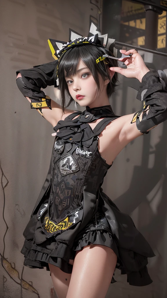 raw photo, 8k, (top-quality), Realistic, (real picture, Intricate details), (natural skin texture, detailed skin, hyper realism, sharpness), (Japanese age girl standing in a dirty back alley at night, hands on head, graffitied wall:1.3), ((maid costume with black and white, loliashion, gothic fashion), (((flat chast:1.5))), (slender body, pale skin:1.2), ((shorthair, blunt bangs)), (provocative look, Parted lips:1.3, eye shadow, eyeliner, tear bag:1.3, red lips), night time, spot lighting:1.3