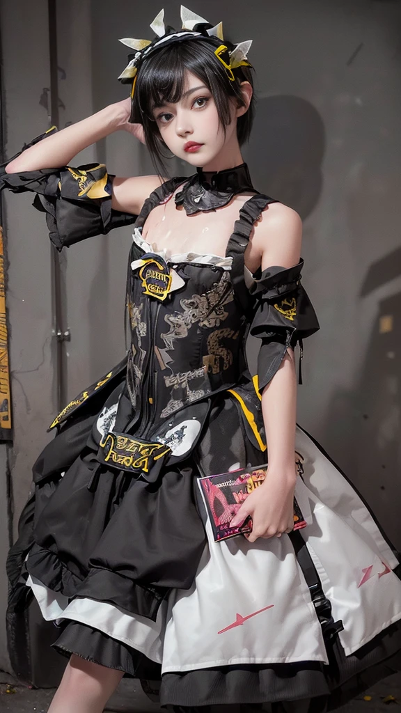raw photo, 8k, (top-quality), Realistic, (real picture, Intricate details), (natural skin texture, detailed skin, hyper realism, sharpness), (Japanese teenage girl standing in a dirty back alley at night, hands on head, graffitied wall:1.3), ((maid costume with black and white, lolita fashion, gothic fashion), (((flat chast:1.5))), (slender body, pale skin:1.2), ((shorthair, blunt bangs)), (provocative look, Parted lips:1.3, eye shadow, eyeliner, tear bag:1.3, red lips), night time, spot lighting:1.3