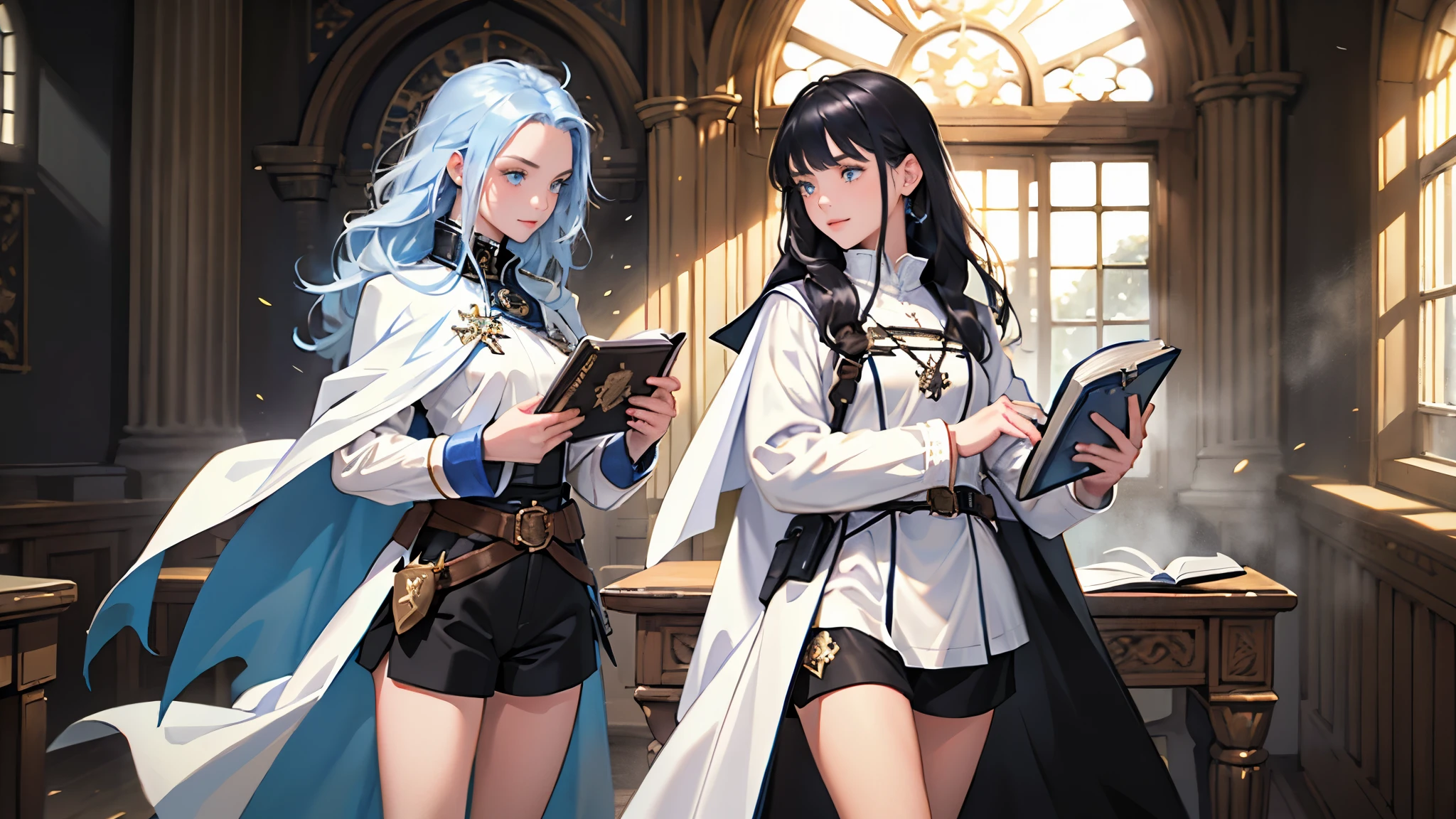 masterpiece, ultra detailed, 8K Portrait, Raw photo, (((((2 girls))))), girls photography, full body, Highly detailed face, ((Fantasy)), 15 years old, (((classmates))), smile, various hairstyles and hair color, (((white long tunic with a single vertical blue line))), (((black shorts))), (((white cape with coat of arms))), (((little waist hip pouch))), leather boots, various pose, ((holding magic book)), In the classroom of the medieval magic school, Midday Sun, Hyper realistic, Ambient lighting, Shadow details , Camera focus on face, strong breeze, Light fog