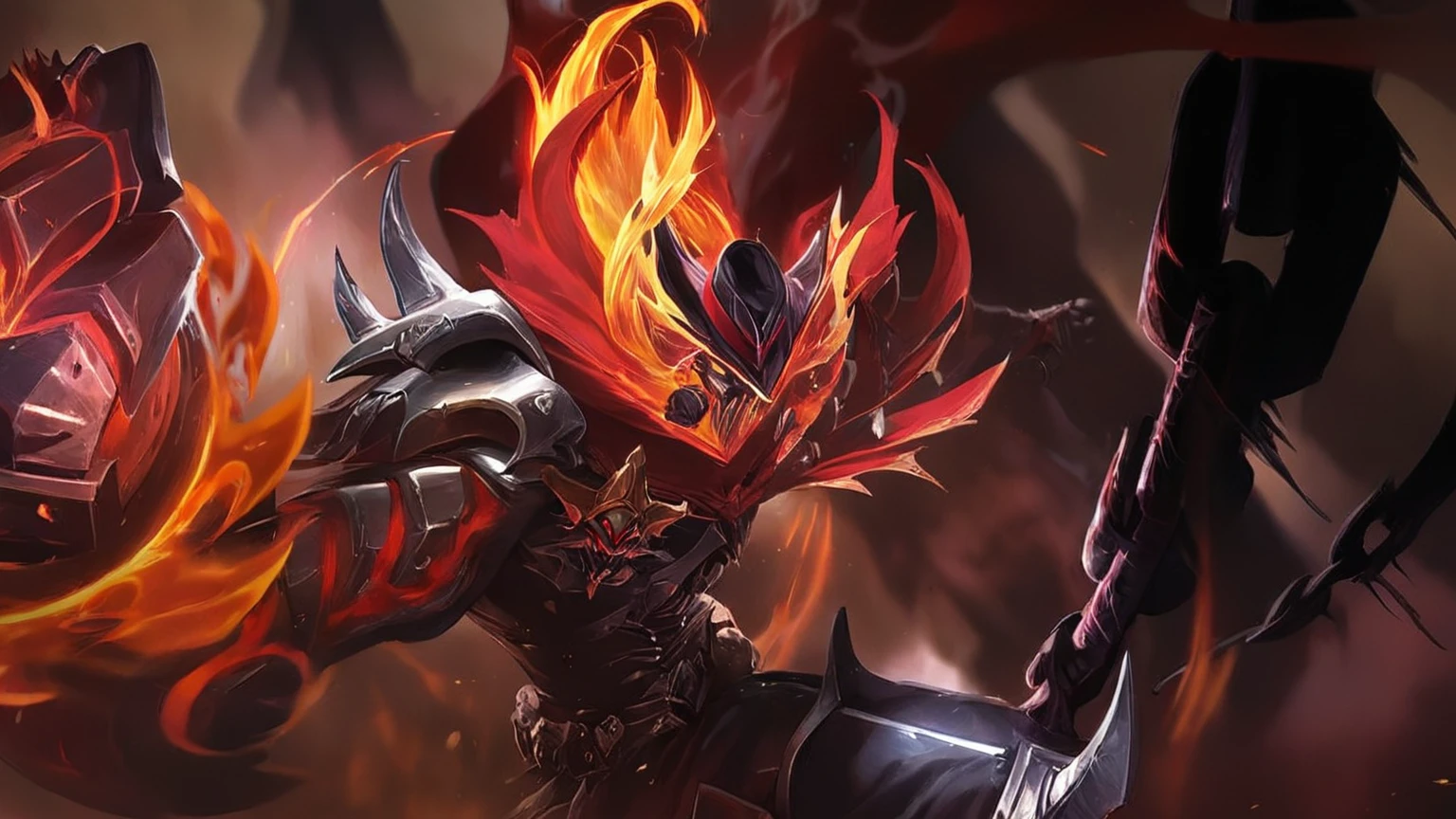 arafed image of a demonic warrior with a bow and fire, painted portrait of mordekaiser, splash art, official splash art, iconic character splash art, riot games concept art, league of legends splash art, league of legends art, league of legends character, wallpaper splash art promo art, king of time reaper, league of legends style art, style league of legends