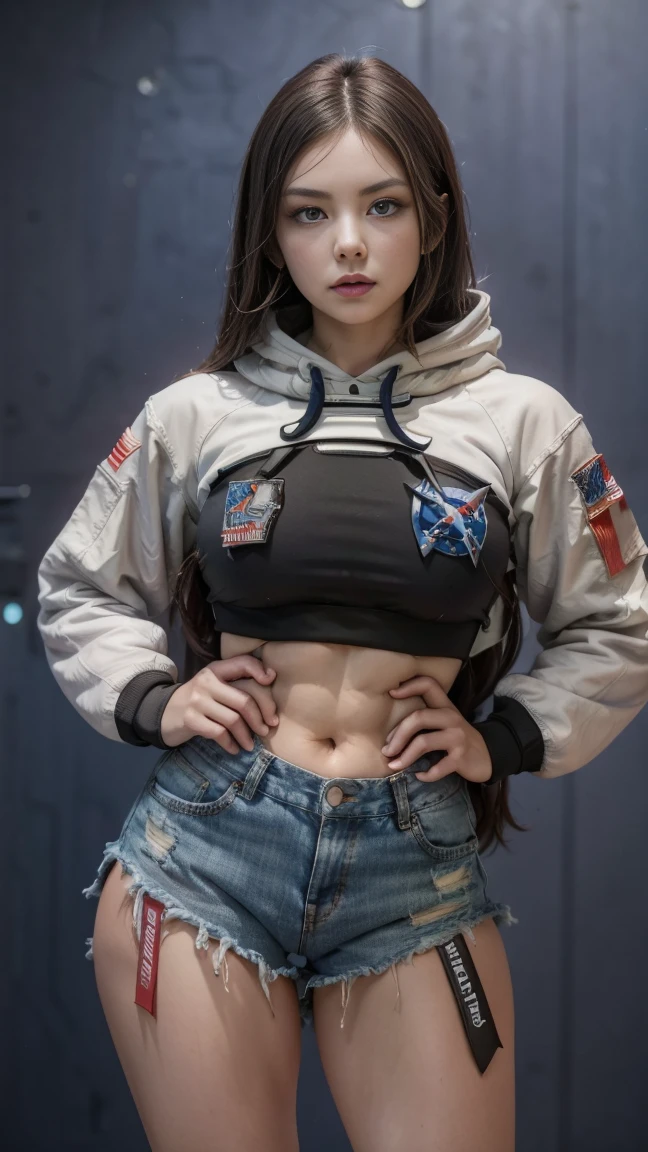 sexy woman small breasts muscular athletic body wearing denim shorts and sneakers  【custom】【Cosplay】Cropped Hoodie and Black Bikini of Atago (Space) (Greyeth) (azur lane) Space Atago tailored sweatshirt