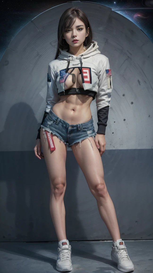 sexy woman small breasts muscular athletic body wearing denim shorts and sneakers 【custom】【Cosplay】Cropped Hoodie and Black Bikini of Atago (Space) (Greyeth) (azur lane) Space Atago tailored sweatshirt