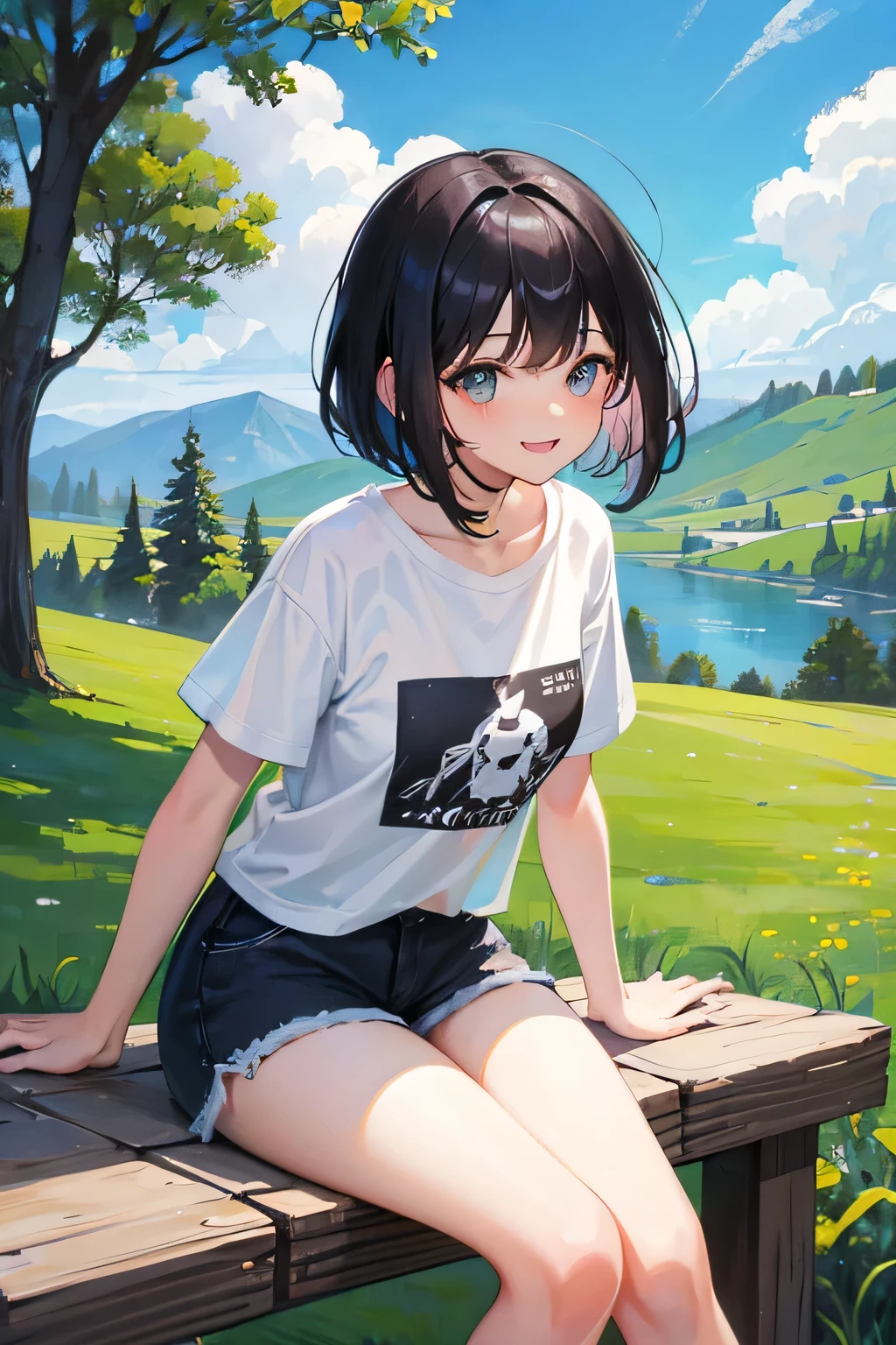 20-year-old women、The background is a ranch、Cute Woman、Beautiful landscape painting、Bob hairstyle、Black Hair、White T-shirt、Shorts for the lower body、smile