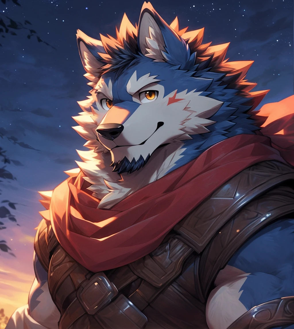human nature, cannon, male, solitary, ((Round Face, The face is plump,Golden Eyes,Small amount of black beard)), ((Endomorph, Handsome,Handsome)), (White shirt,With mercenary uniform), ((domestic Wolf, Wolf), (Gray blue fur),(Walking through the forest), Bokeh, (high quality, high resolution, Masterpiece 1.2), (Dynamic Lighting, Vibrant colors), (Generous smile,The face is slightly red,Love on the face,Shoulder Sword,expect), (Face Focus), Front view (close up), cartoon, author:Takemoto Arashi, From zixiong, author:Chunni, author:Ethereal,(background:晚霞的rose seas满天的Starry Sky1.5),rose seas,glow,night,Starry Sky,Auspicious Clouds,background丰富详细