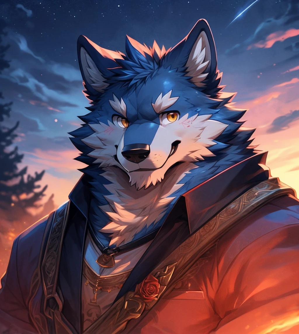 human nature, cannon, male, solitary, ((Round Face, The face is plump,Golden Eyes,Small amount of black beard)), ((Endomorph, Handsome，Handsome)), (White shirt，With mercenary uniform), ((domestic Wolf, Wolf), （Gray blue fur），(Walking through the forest), Bokeh, (high quality, high resolution, Masterpiece 1.2), (Dynamic Lighting, Vibrant colors), (Generous smile，The face is slightly red，Love on the face，Shoulder Sword，expect), (Face Focus), Front view (close up), cartoon, author：Takemoto Arashi, From zixiong, author：Chunni, author：Ethereal，（background：晚霞的rose seas满天的Starry Sky1.5），rose seas，glow，night，Starry Sky，Auspicious Clouds，background丰富详细