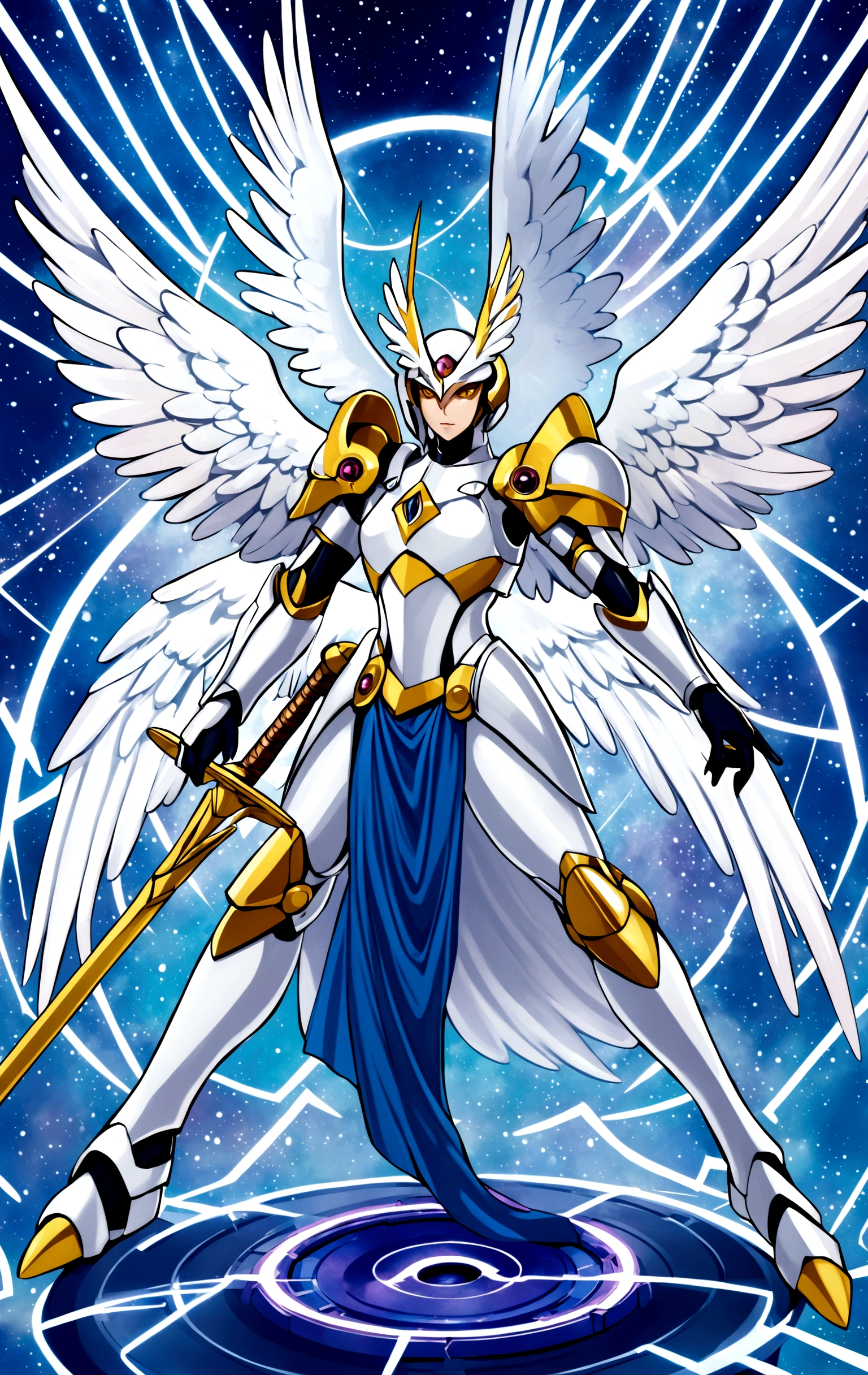 a cartoon of an angel with a sword and a staff, Angewomon from Digimon, angemon l sitting on the thrown, angel knight , archangel, like a mystical valkyrie, archangel michael, angel with plastic armor, valkyrie style character, holy paladin, angel tron