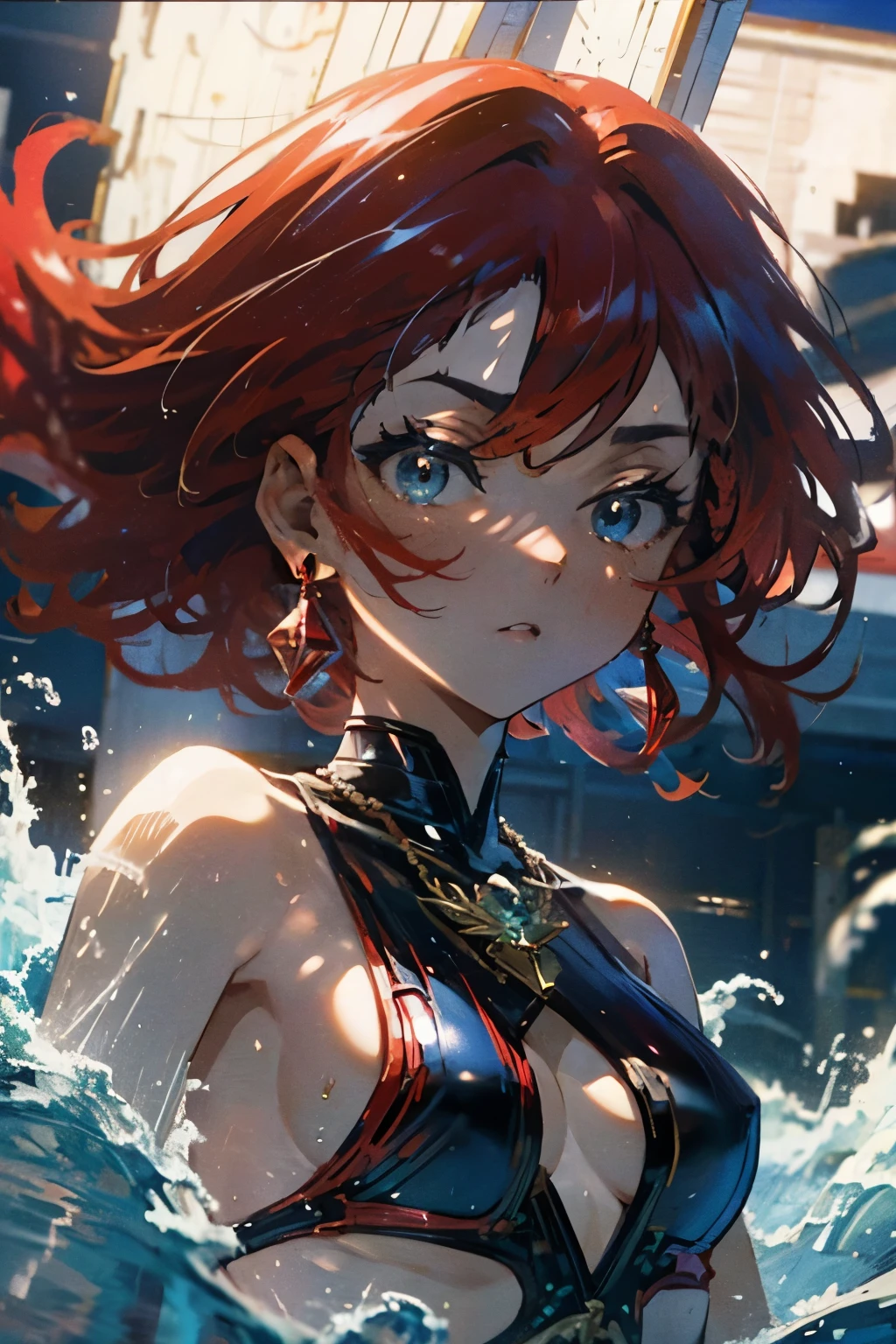 a kitsune woman with beautiful red hair, blue eyes, wearing a sexy bikini swimsuit, anime style, full color, red hair, detailed face, flawless skin, detailed jewelry, intricate and detailed clothing, photorealistic, 8k, ultra-detailed, masterpiece, vibrant colors, natural lighting, cinematic composition