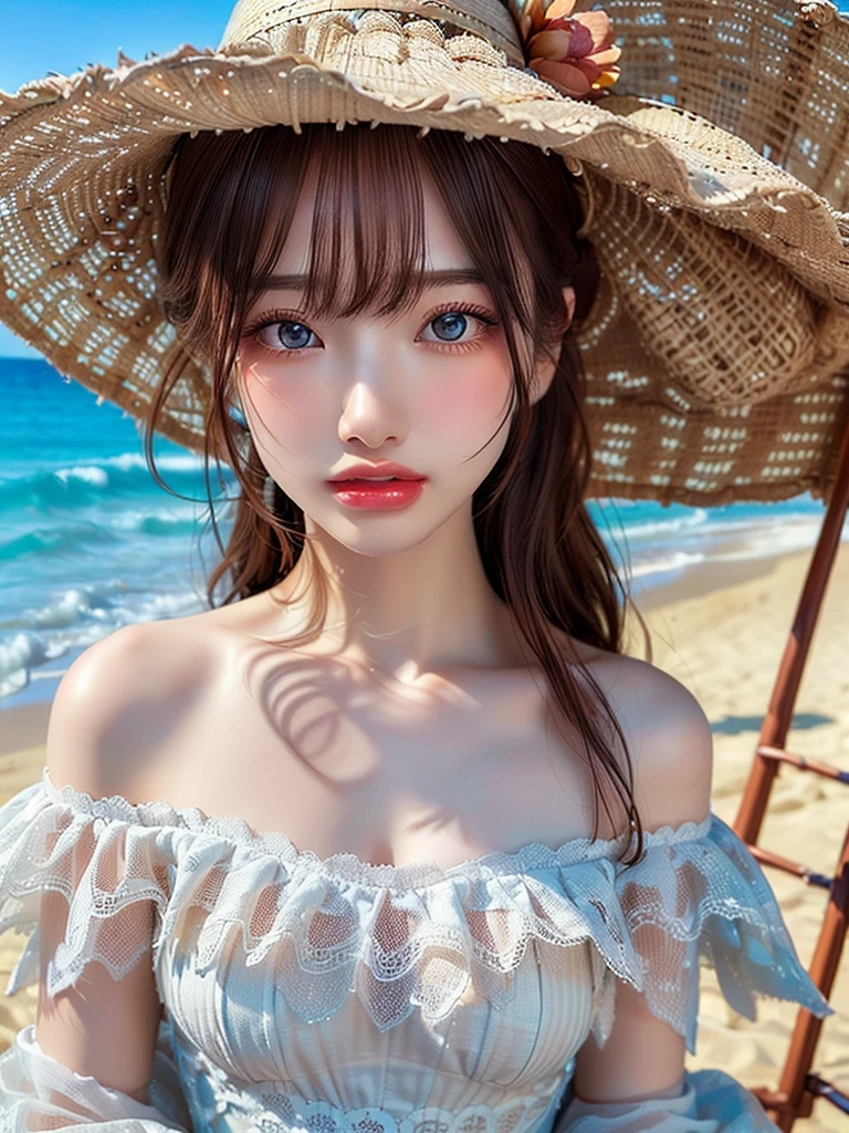 ((Highest quality)),(超A high resolution),(Very detailed),(Detailed Description),((The best CG)),(masterpiece),Very detailedなアート、Small breasts、(((Whitening 1.5)))、Clear skin quality、White lace dress、Off the shoulder、Small straw hat、Sandy Beach、Ocean、