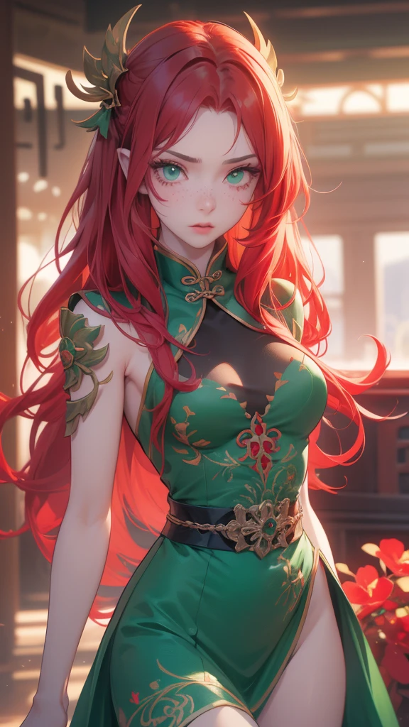 "red crimson hair" elf ears, freckles, adult woman, sculptural body, super detailed hand, super detailed face, hyper detailed body, No defects, (emerald green eyes), focused eyes, pretty detailed eyes, pale skin, blushed face, (( wearing a black Chinese dress)), long hair, tied up hair, serious expression, frowning eyes, partes do fully body, entire limbs, (fully body), gorgeous fur, high resolution, 4K, Waist slender, small foot, role model, best qualityer,